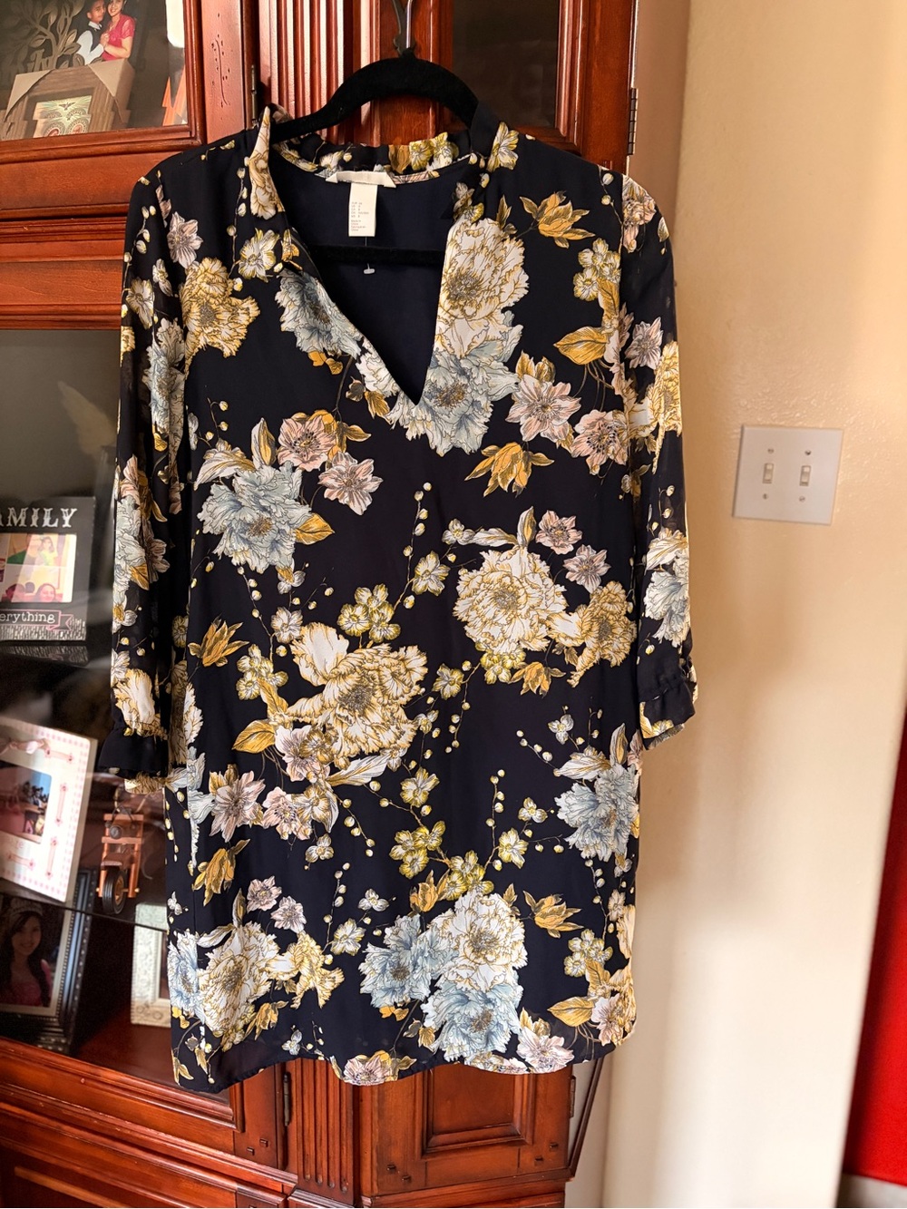 H&M Black Floral V-Neck Tunic with Yellow & Cream Blooms